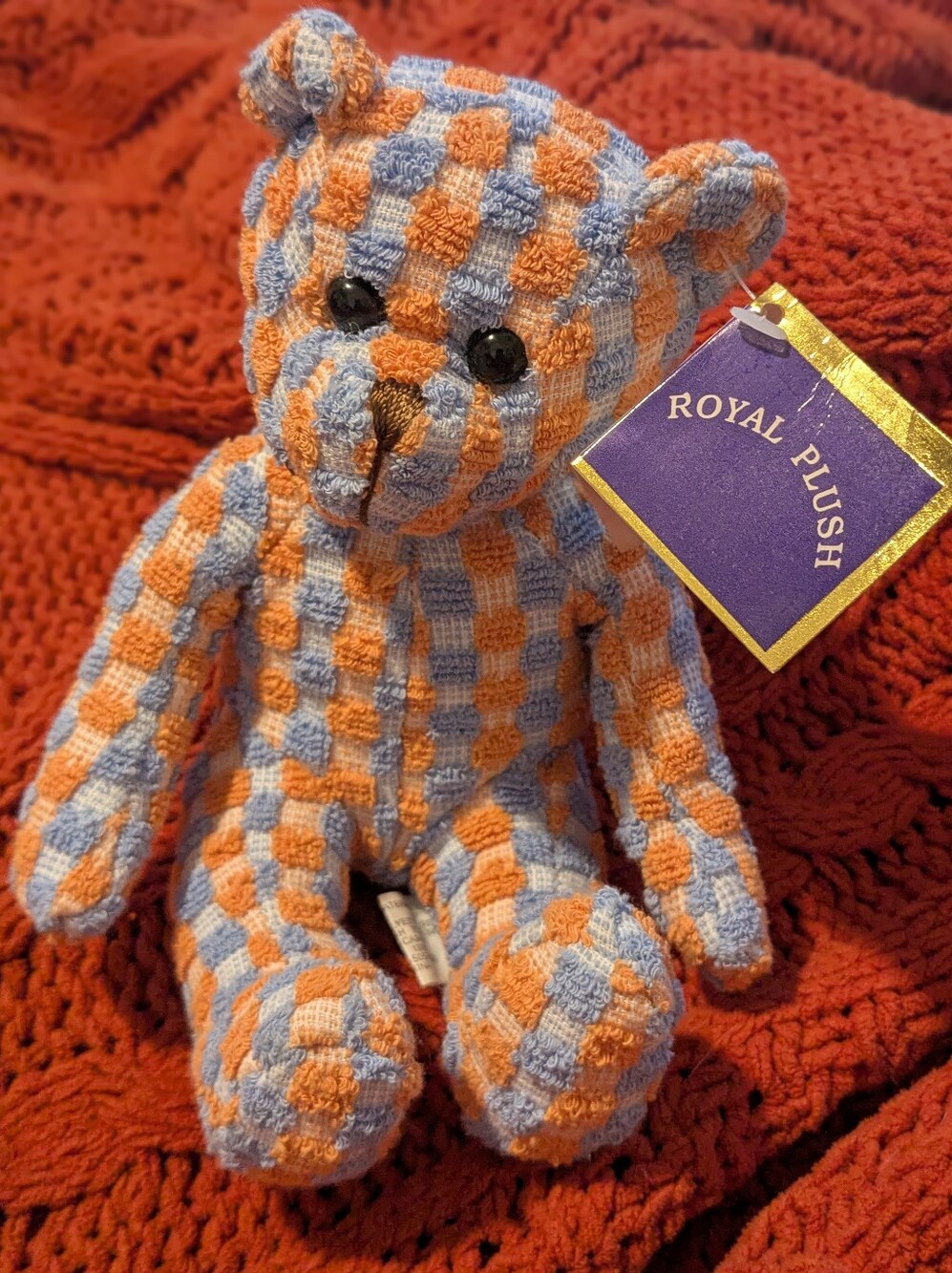 Orange & Light Blue Checkered Teddy Bear for Kids